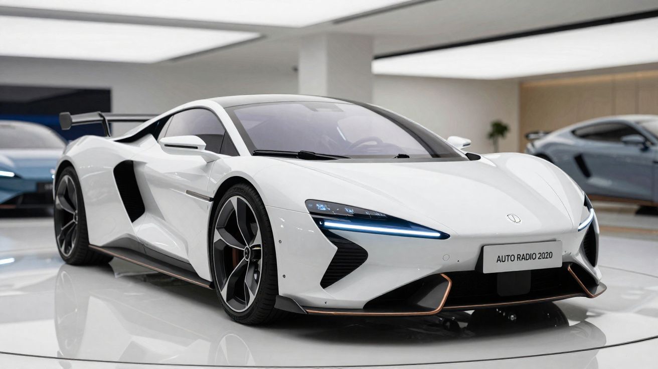 Carro desportivo eléctrico branco em exposição num salão moderno com iluminação suave.