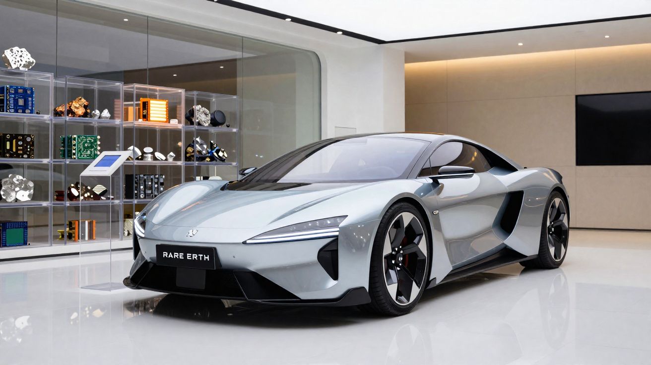 Carro desportivo elétrico cinza metálico estacionado em ambiente moderno e minimalista com chão branco brilhante.