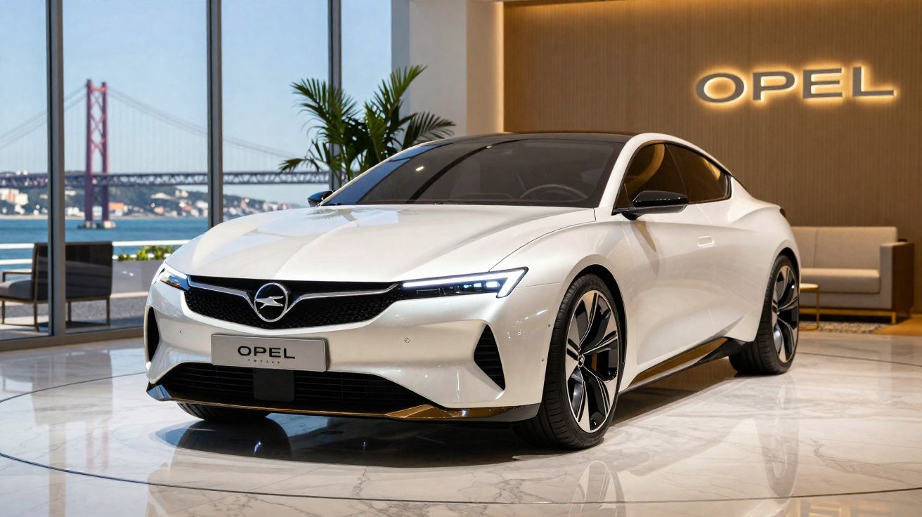 Automóvel desportivo elétrico branco Opel exibido em showroom com janela e vista de ponte ao fundo.