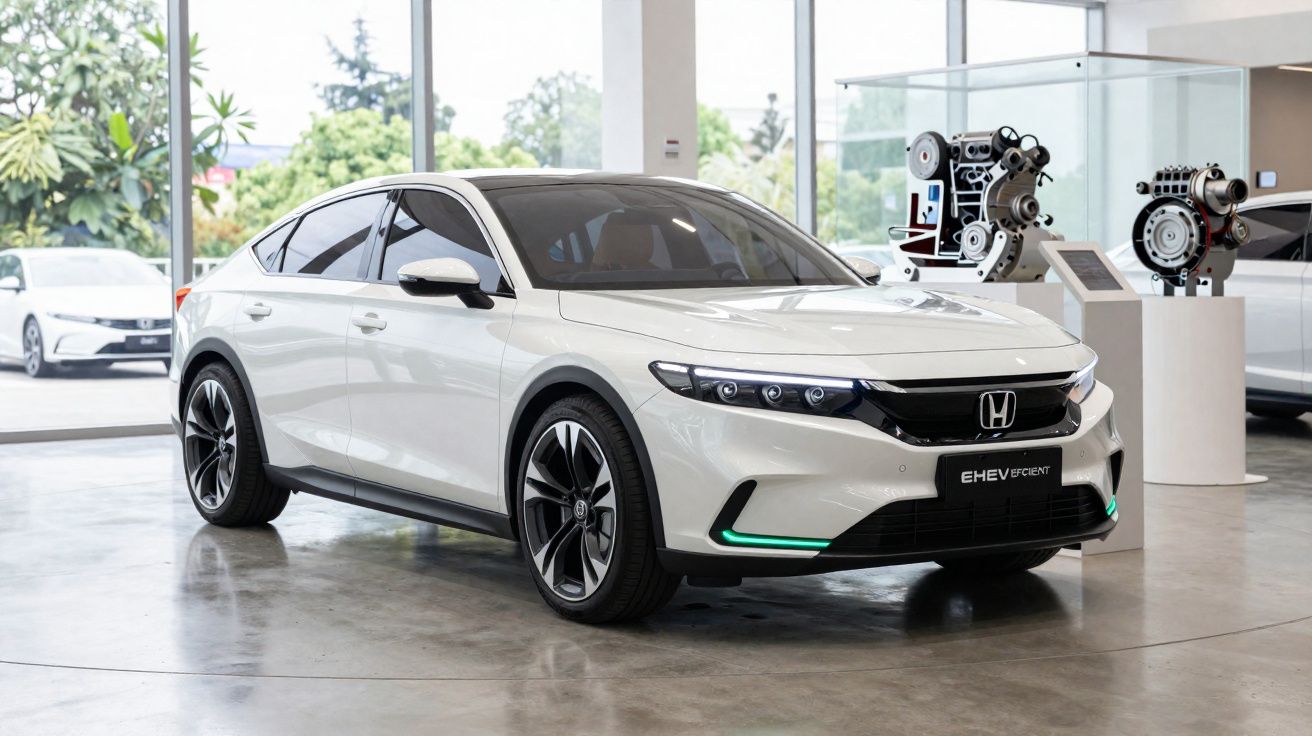 Carro eléctrico branco Honda EHEV Efficient exposto em sala de showroom com peças mecânicas ao fundo.