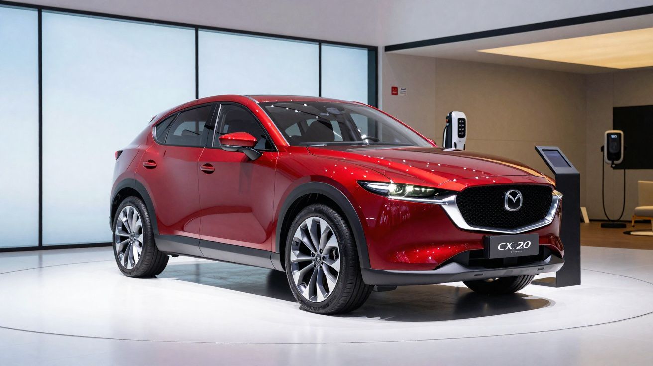Carro Mazda CX-20 vermelho estacionado em exposição moderna com iluminação branca suave.
