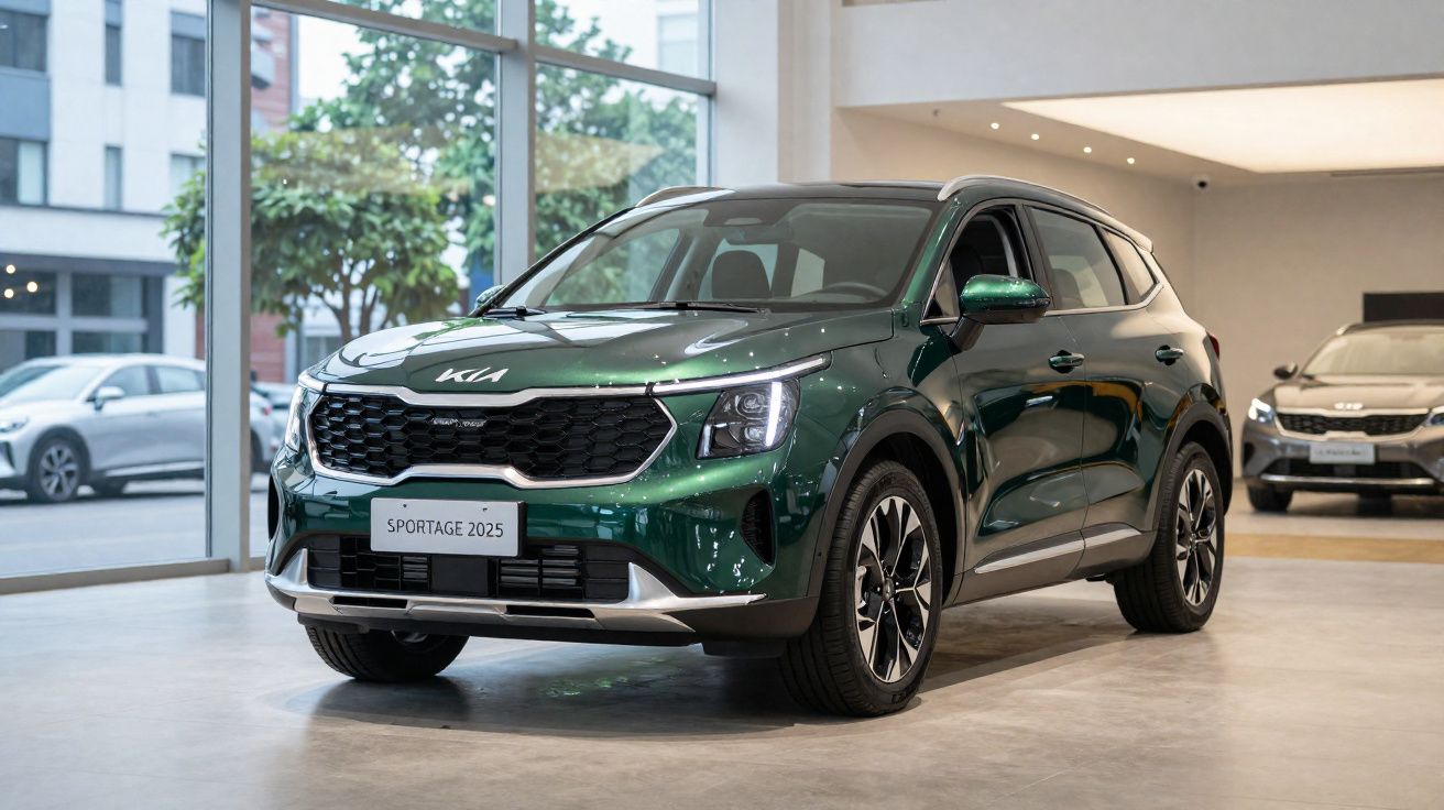 Carro SUV verde Kia Sportage 2025 exposto numa sala de showroom moderna com janelas amplas.