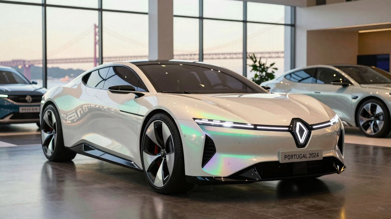 Carro desportivo elétrico branco da Renault exposto em sala com grandes janelas e vista de ponte ao fundo.