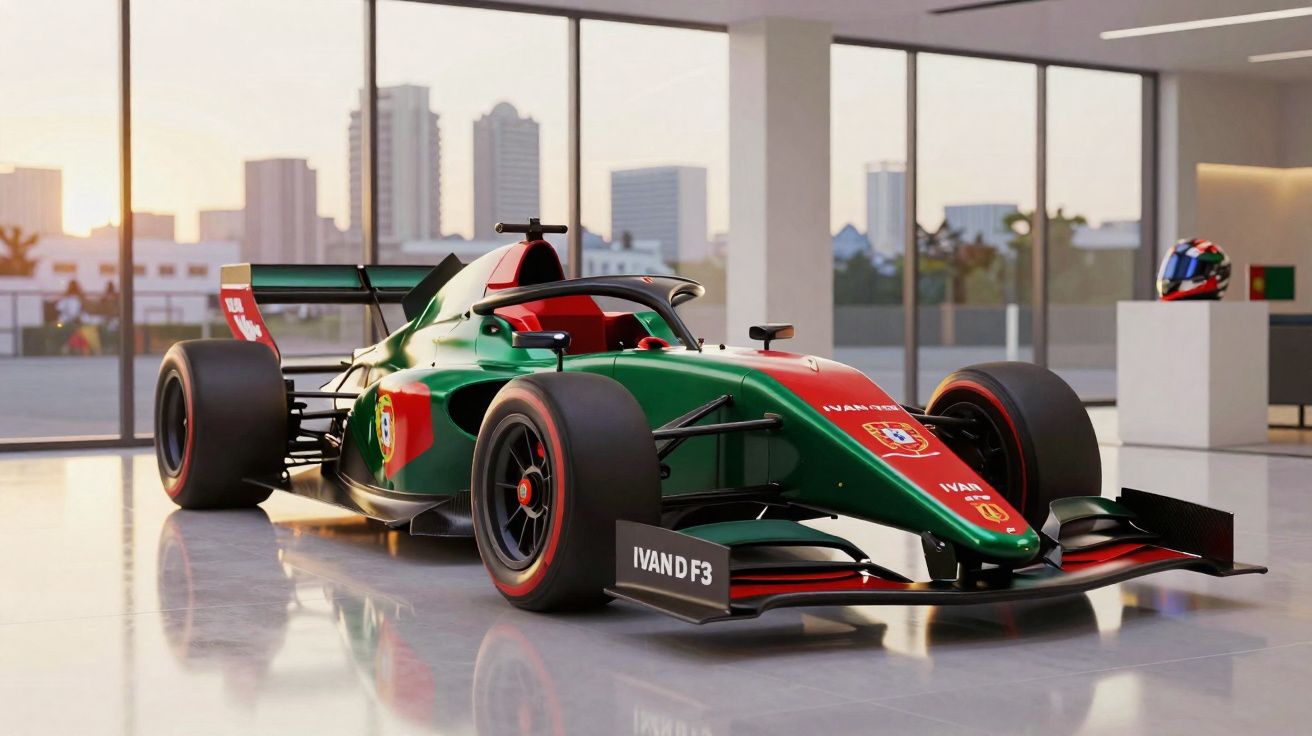 Carro de Fórmula 3 verde e vermelho com símbolos de Portugal, exposto em sala moderna com grandes janelas.