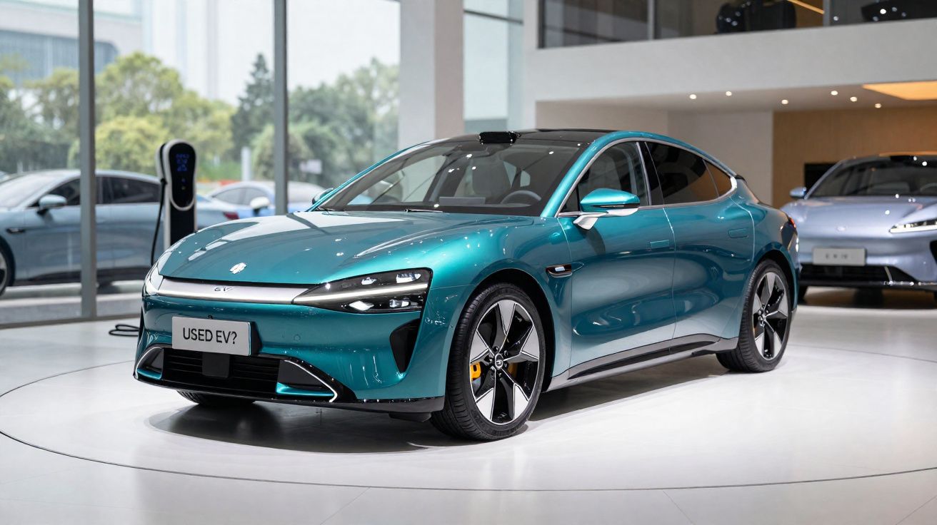 Carro elétrico azul metalizado em exposição numa sala moderna, com carregador elétrico ao fundo.