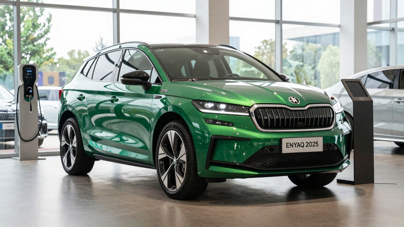 Carro elétrico verde Škoda Enyaq 2025 estacionado numa loja com posto de carregamento elétrico.