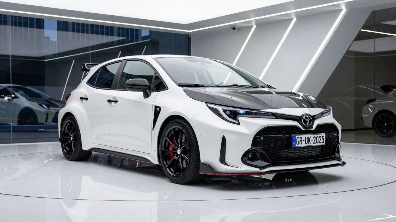 Automóvel desportivo Toyota Yaris GR branco com capô preto exibido em salão moderno iluminado.