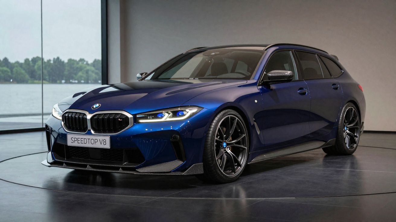 Carro BMW azul metálico modelo Speedtop V8, em exibição interior com jantes negras.