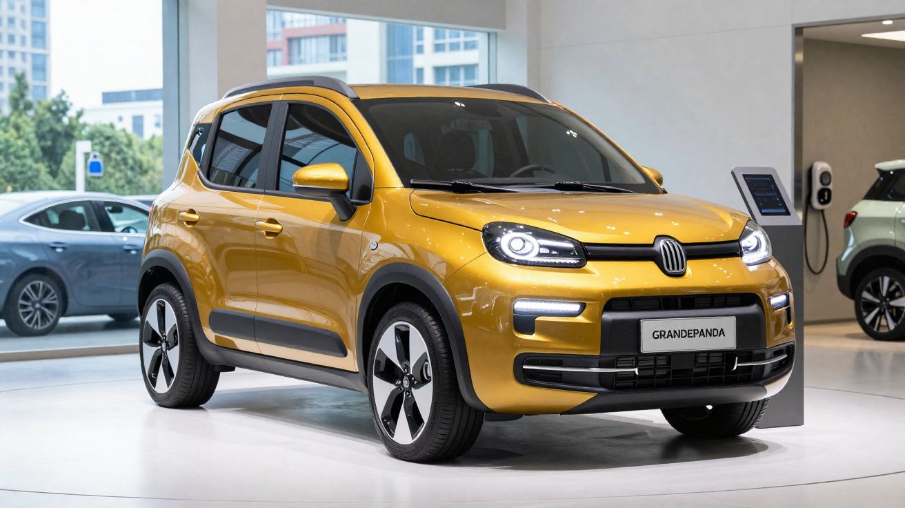 Fiat Grandepanda amarelo exposto numa sala de automóveis moderna com carros ao fundo.