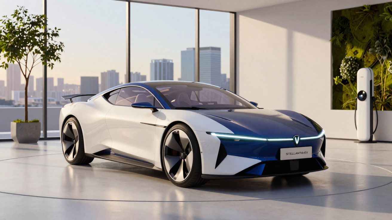 Carro eléctrico desportivo branco e azul numa garagem moderna com grandes janelas e posto de carregamento.