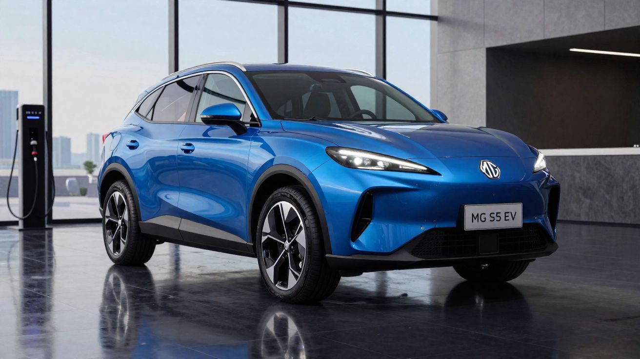 Carro elétrico azul MG S5 EV estacionado em interior moderno com carregador elétrico ao lado.