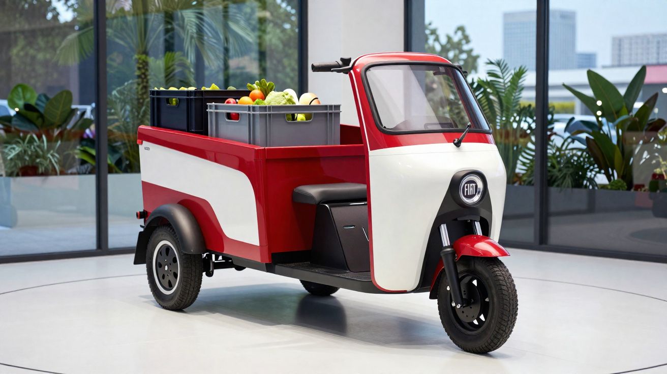 Veículo de três rodas Fiat com carga de frutas e legumes em ambiente interior moderno.