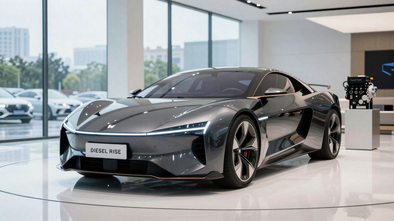 Carro desportivo elétrico cinzento Diesel Rise em exibição numa sala moderna e luminosa.