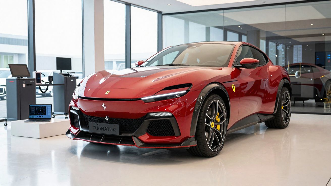 Ferrari vermelha desportiva estacionada num showroom moderno com piso branco e janelas grandes.