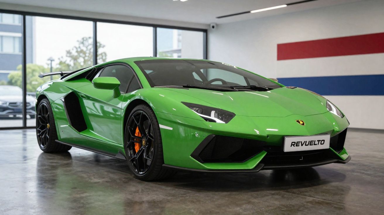 Carro desportivo Lamborghini verde com jantes pretas e travões de cor laranja, em garagem iluminada.
