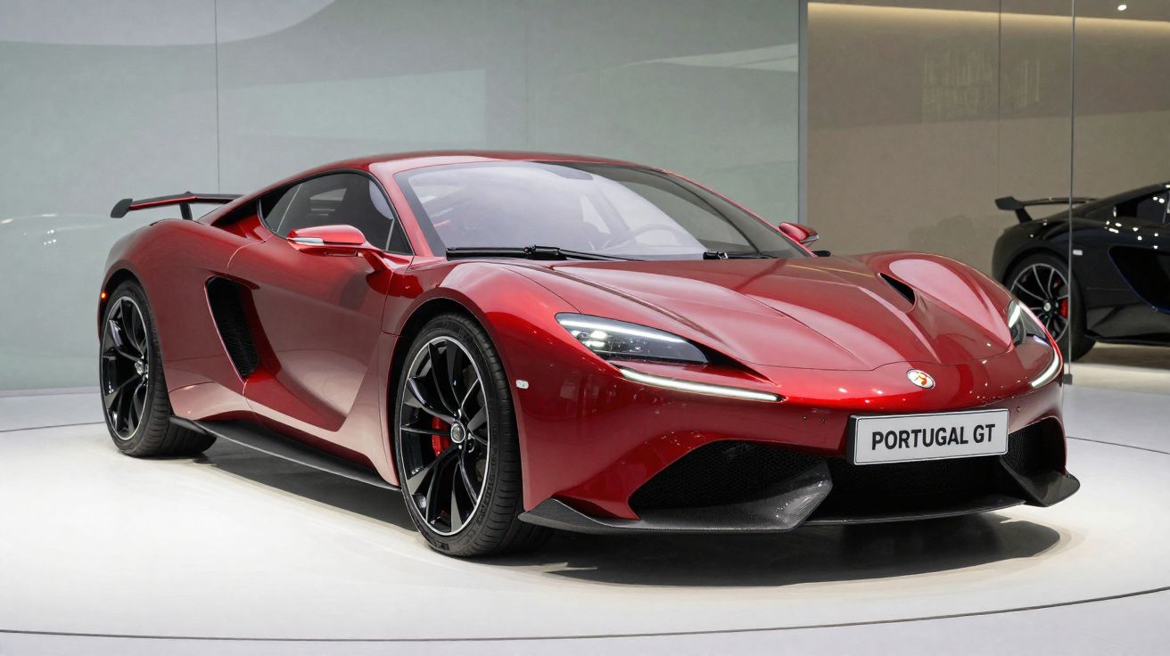Carro desportivo vermelho Portugal GT exibido num salão automóvel com rodas pretas e aerofólio traseiro.