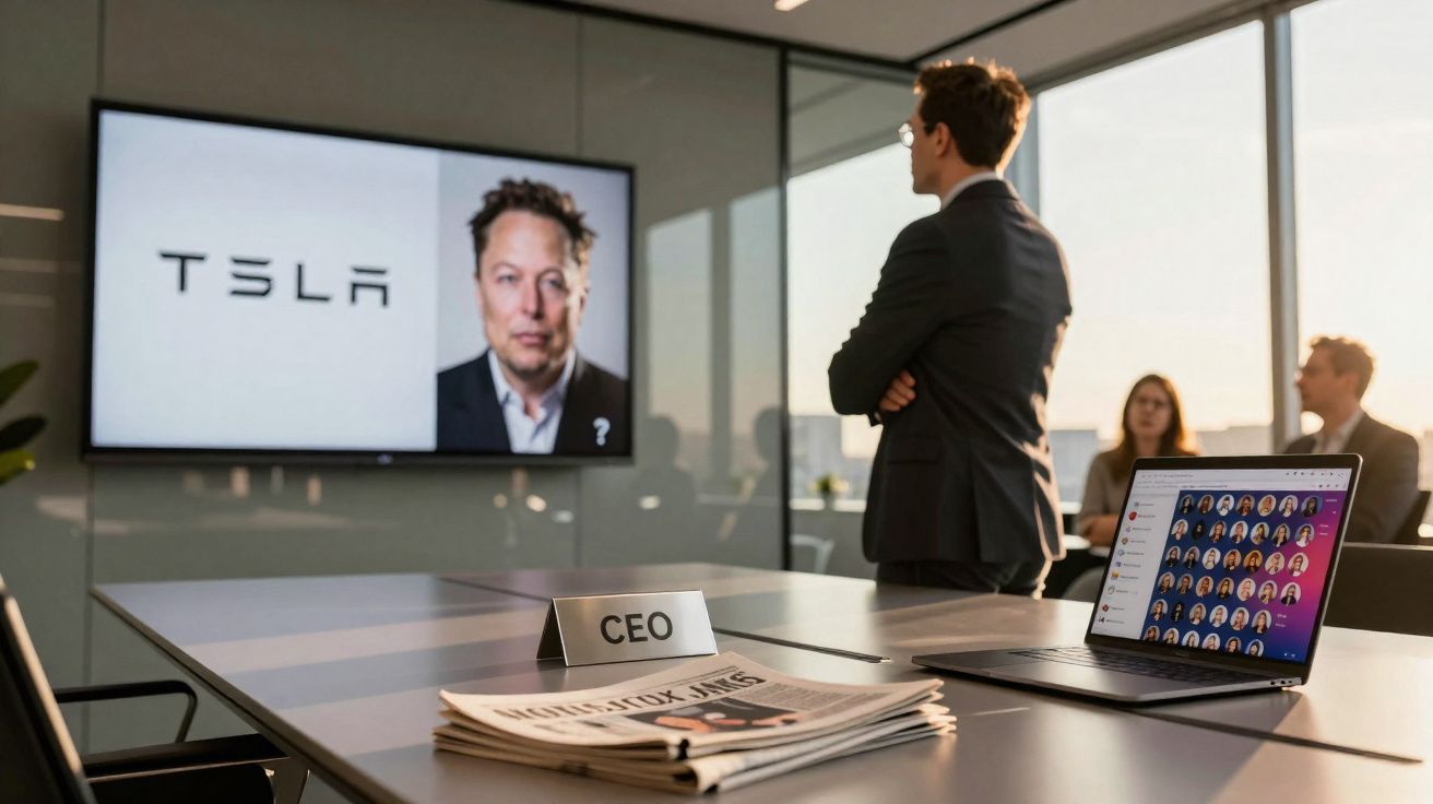 Homem de negócios numa reunião a assistir a uma apresentação sobre Elon Musk e a Tesla numa sala moderna.