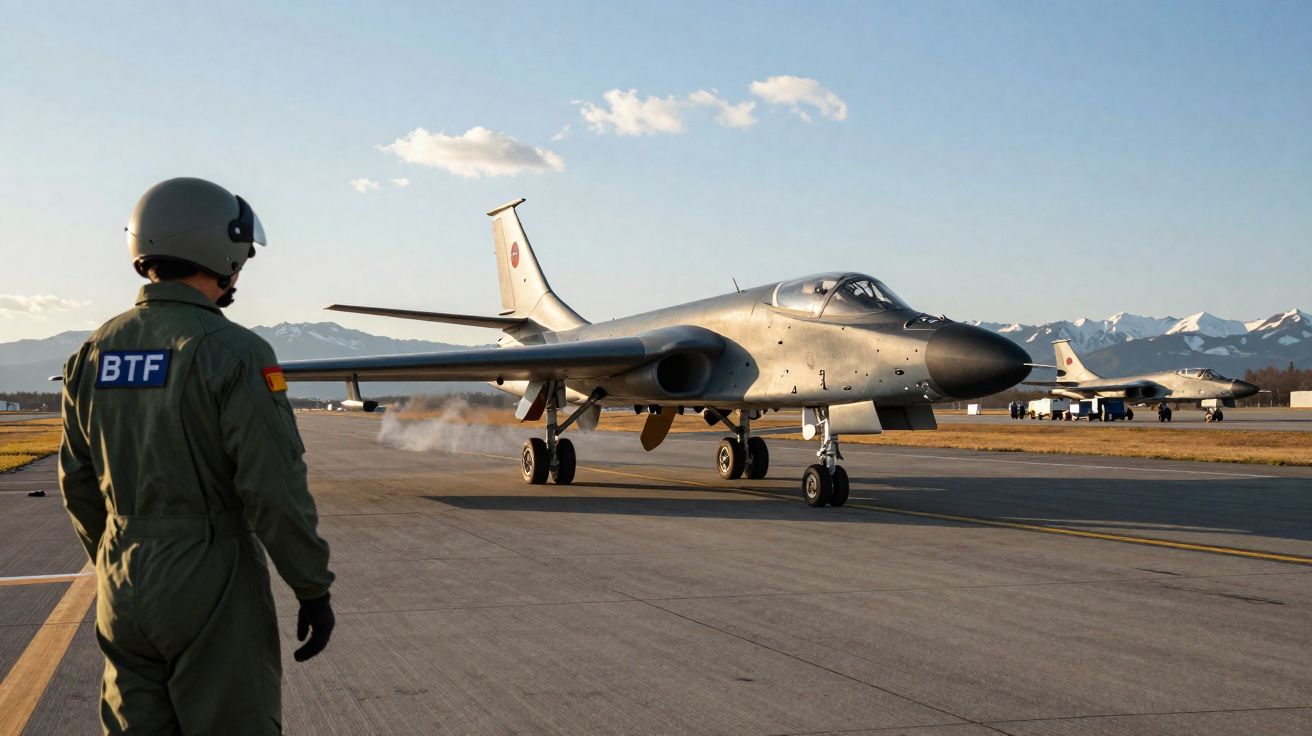 Piloto em fato verde observa jato militar prateado taxiando em pista com montanhas ao fundo.