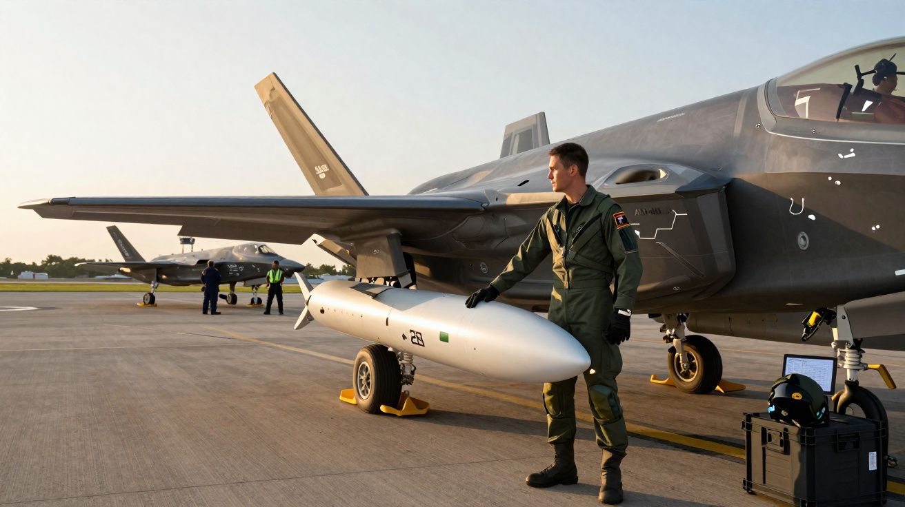 Piloto militar em uniforme junto a avião de combate F-35 na pista de aterragem ao pôr do sol.