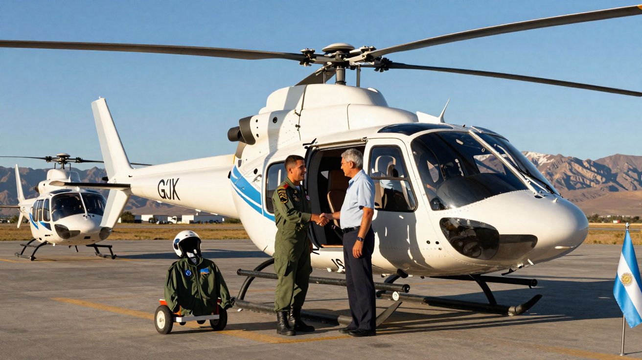 Dois homens na pista a cumprimentar-se frente a um helicóptero branco com detalhes azuis, com bandeira da Argentina ao lado.