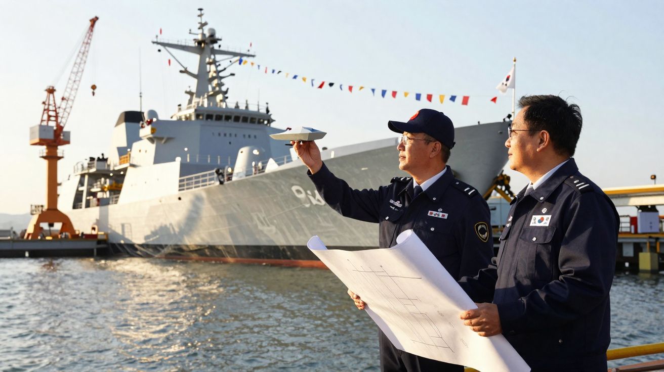 Dois oficiais navais em uniforme seguram planta e modelo de navio junto a um grande navio militar no porto.