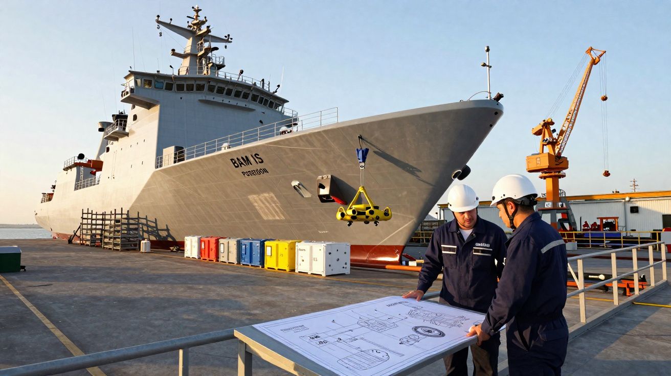 Dois trabalhadores com capacetes analisam planos junto a um grande navio cinzento atracado no porto.
