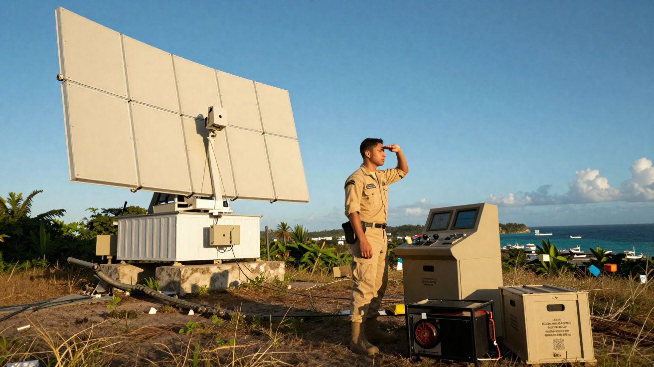 Militar em uniforme bege observa o horizonte junto a equipamento tecnológico e antena perto do mar.