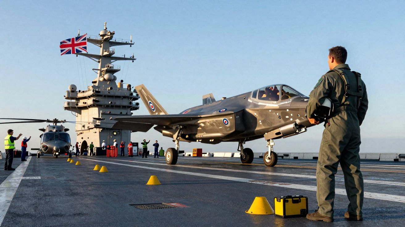 Porta-aviões britânico com caça F-35 e tripulantes a bordo durante operação no mar.