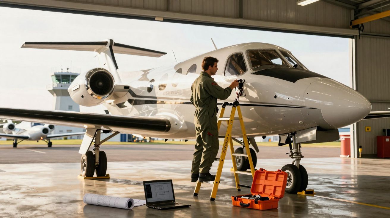 Técnico em macacão verde a inspecionar jato privado branco numa garagem de aeroporto com ferramentas e laptop no chão.