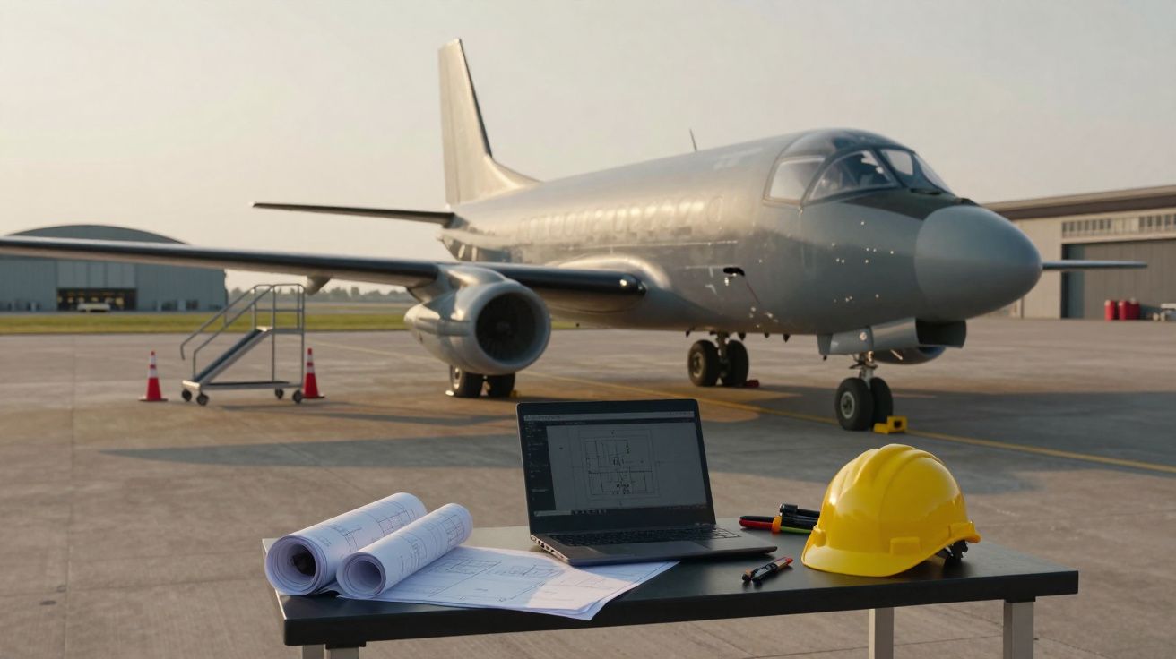 Mesas com planta, capacete amarelo e computador, com avião estacionado num aeroporto ao fundo.