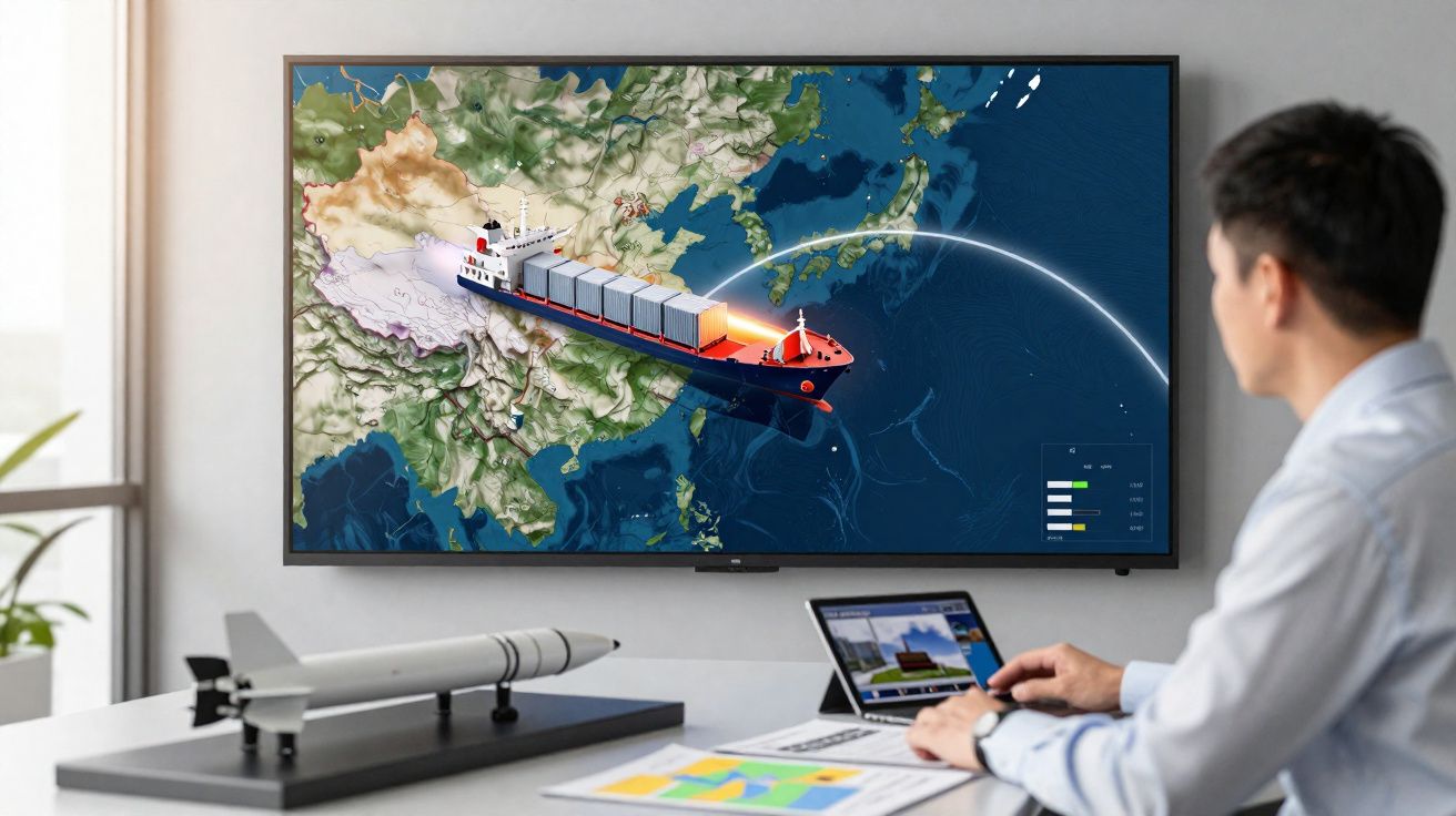 Homem a analisar rota de navio de carga num ecrã grande em escritório moderno.