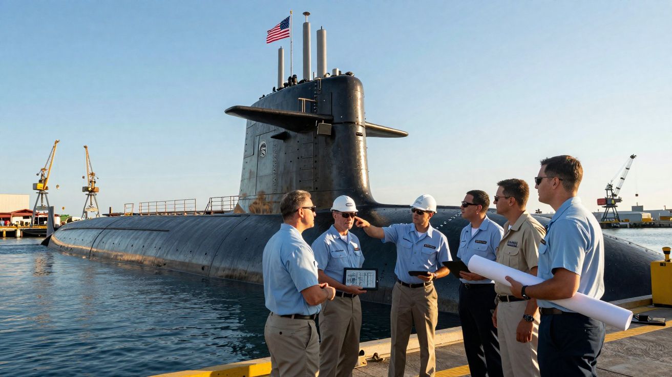 Seis militares em uniforme discutem em frente a um submarino ancorado num porto com bandeira dos EUA.