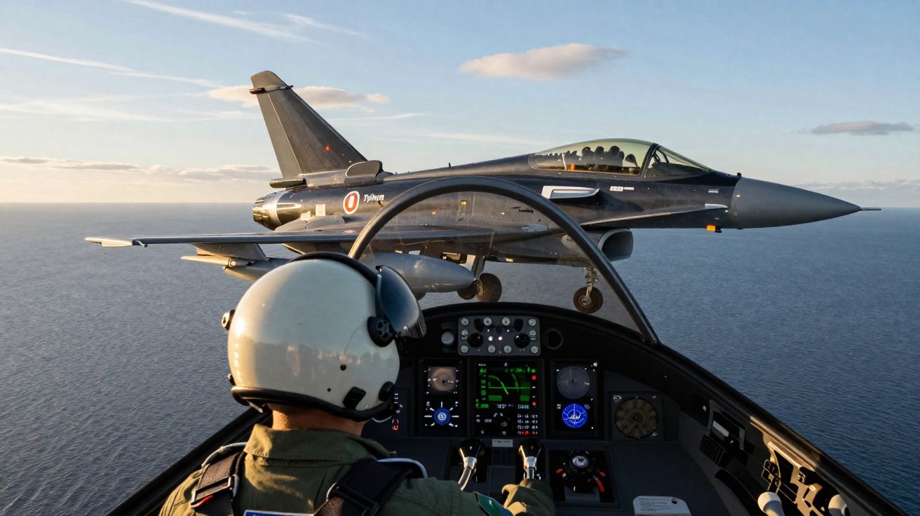Vista do cockpit de um caça militar com piloto, acompanhando um outro caça a voar sobre o mar.