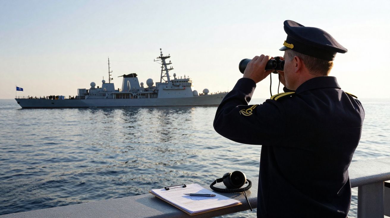 Militar naval vê navio de guerra ao largo usando binóculos no mar calmo ao pôr do sol.