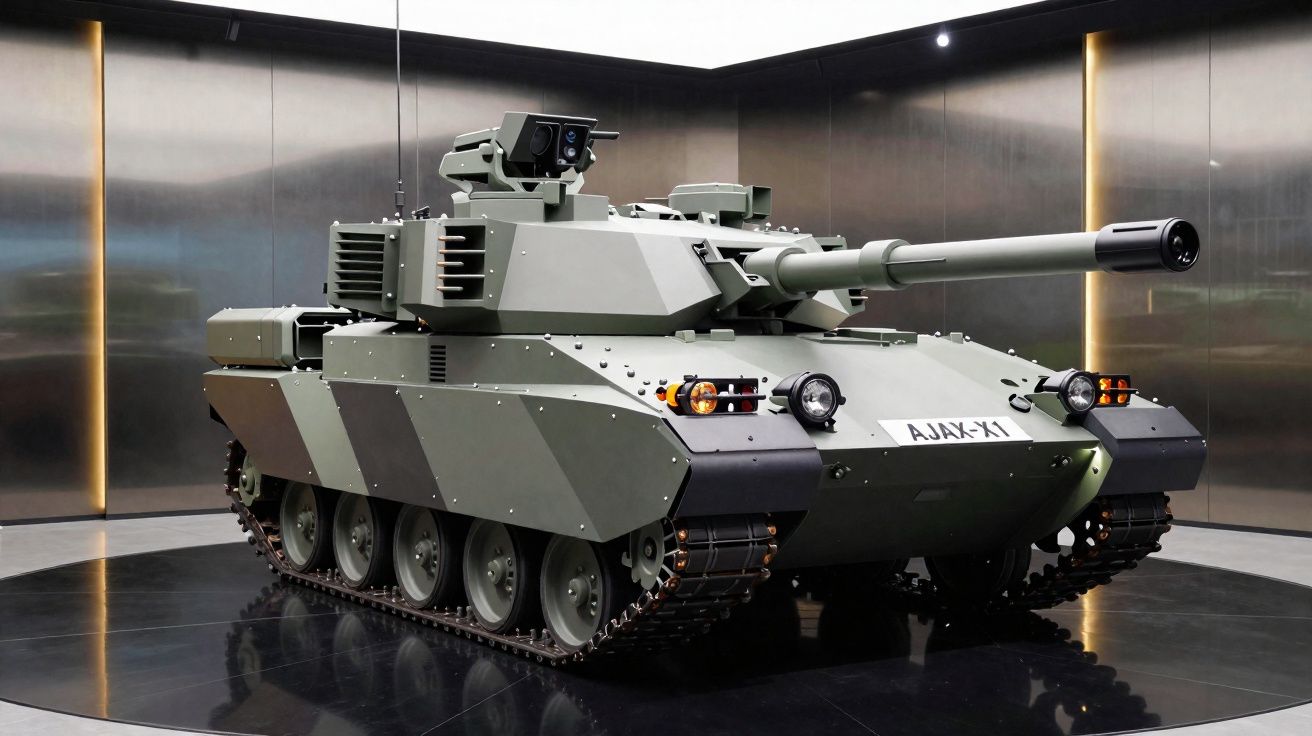 Veículo blindado militar cinzento claro com lagartas e canhão, em exposição interior moderna.