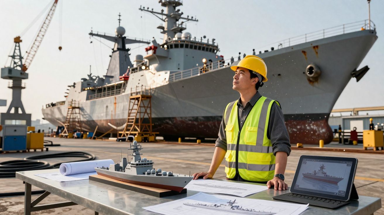 Engenheiro naval com colete e capacete amarelo estuda modelo de navio e plantas numa doca com navio militar ao fundo.