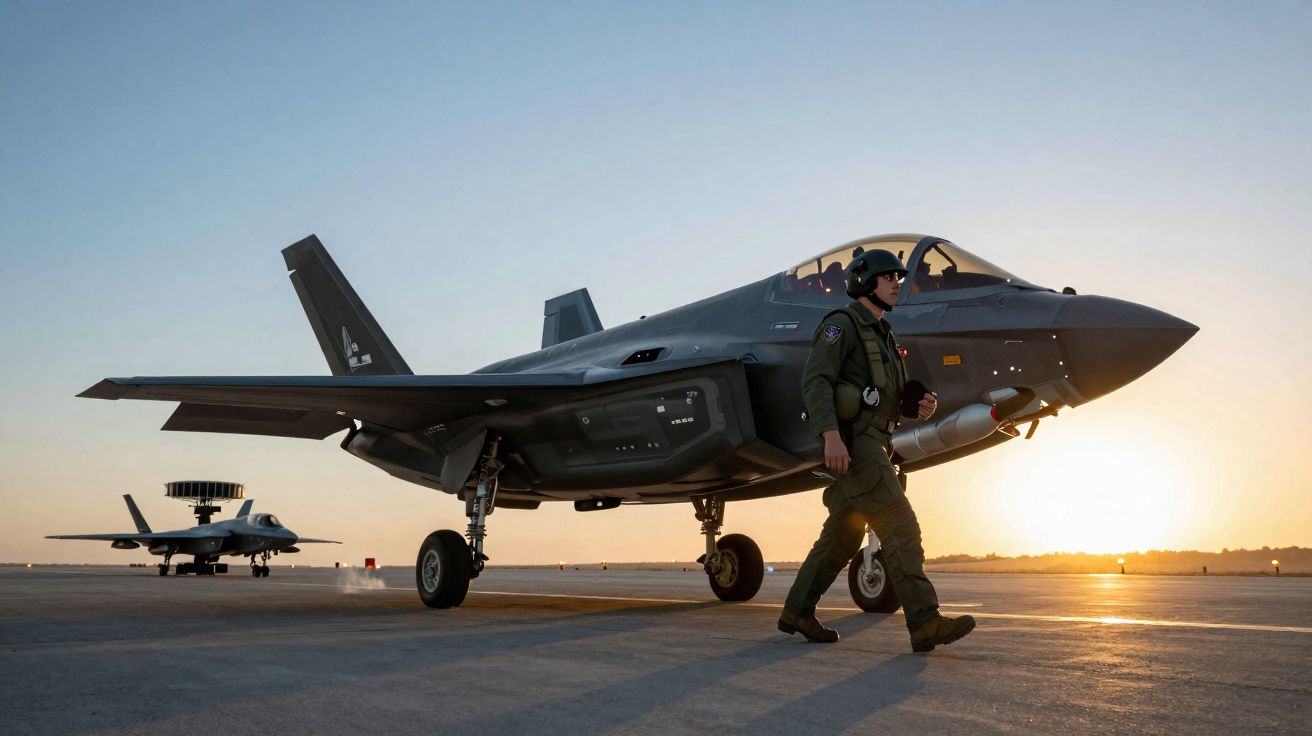Piloto militar a caminhar junto a um caça F-35 estacionado numa pista ao pôr do sol.