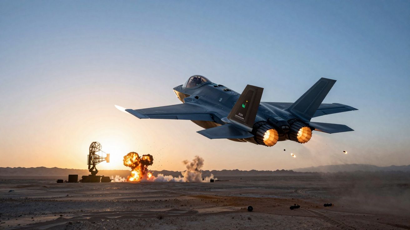 Caça militar a jato descolando ao pôr do sol sobre cenário desértico com explosão ao fundo.