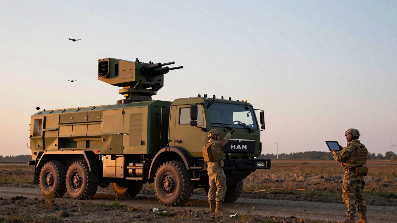 Veículo militar equipado com canhões e dois soldados operando com drones num campo aberto durante o pôr do sol.