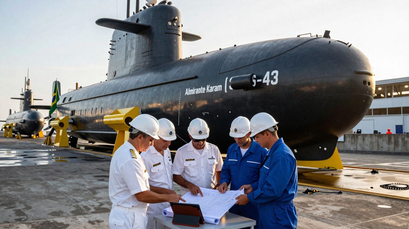 Cinco homens com capacetes analisam planos junto a dois submarinos na doca seca de uma base naval.