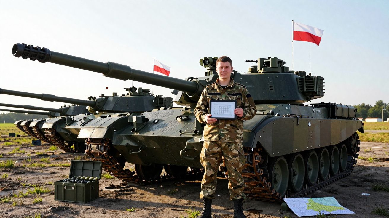 Soldado em uniforme militar parado à frente de tanques com bandeiras da Polónia ao fundo.