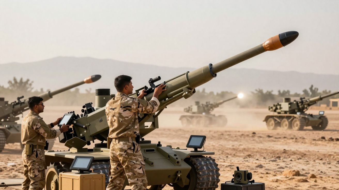 Soldados em uniformes camuflados operam canhões automotores em terreno desértico com montanhas ao fundo.