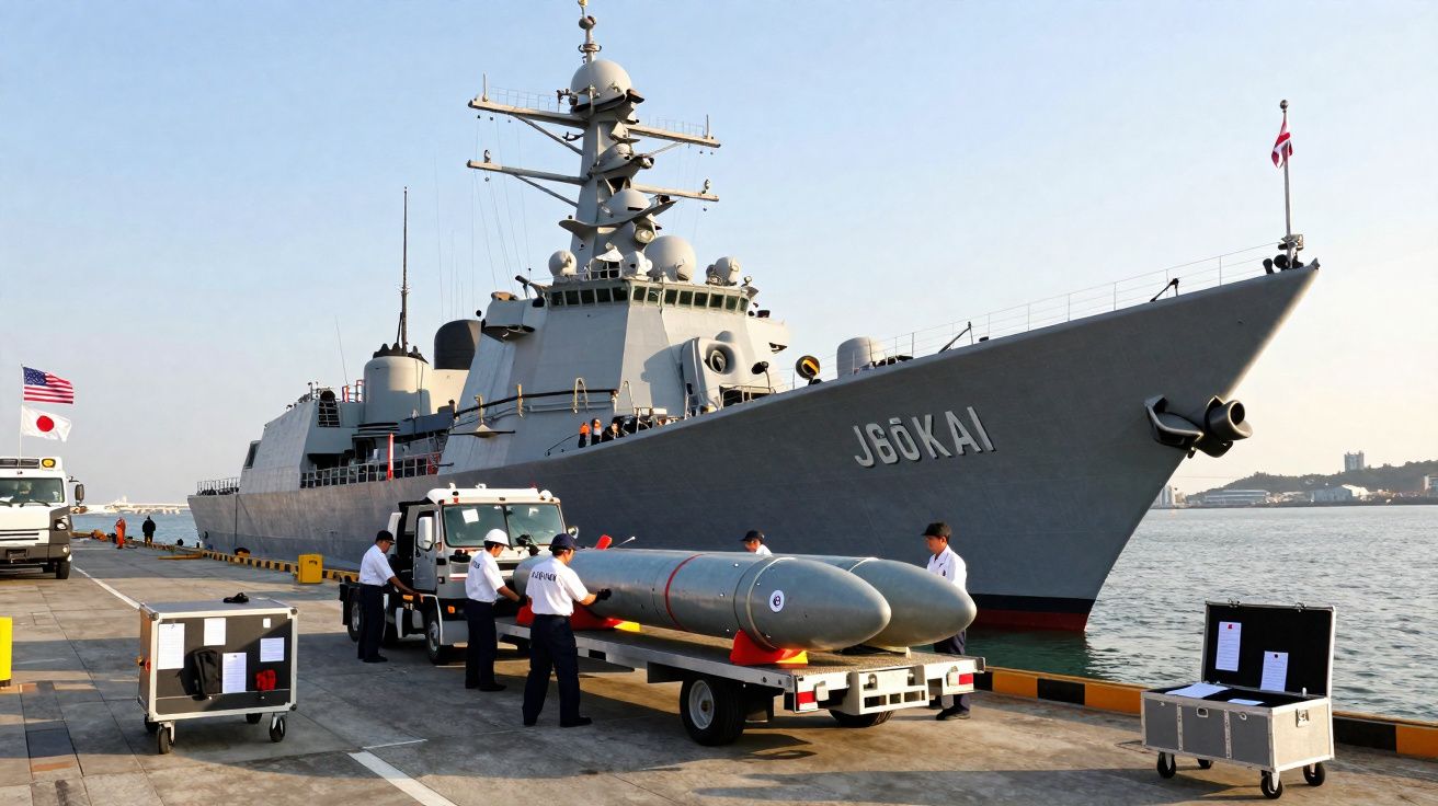 Navio de guerra ancorado enquanto militares preparam mísseis para transporte no cais junto ao mar.