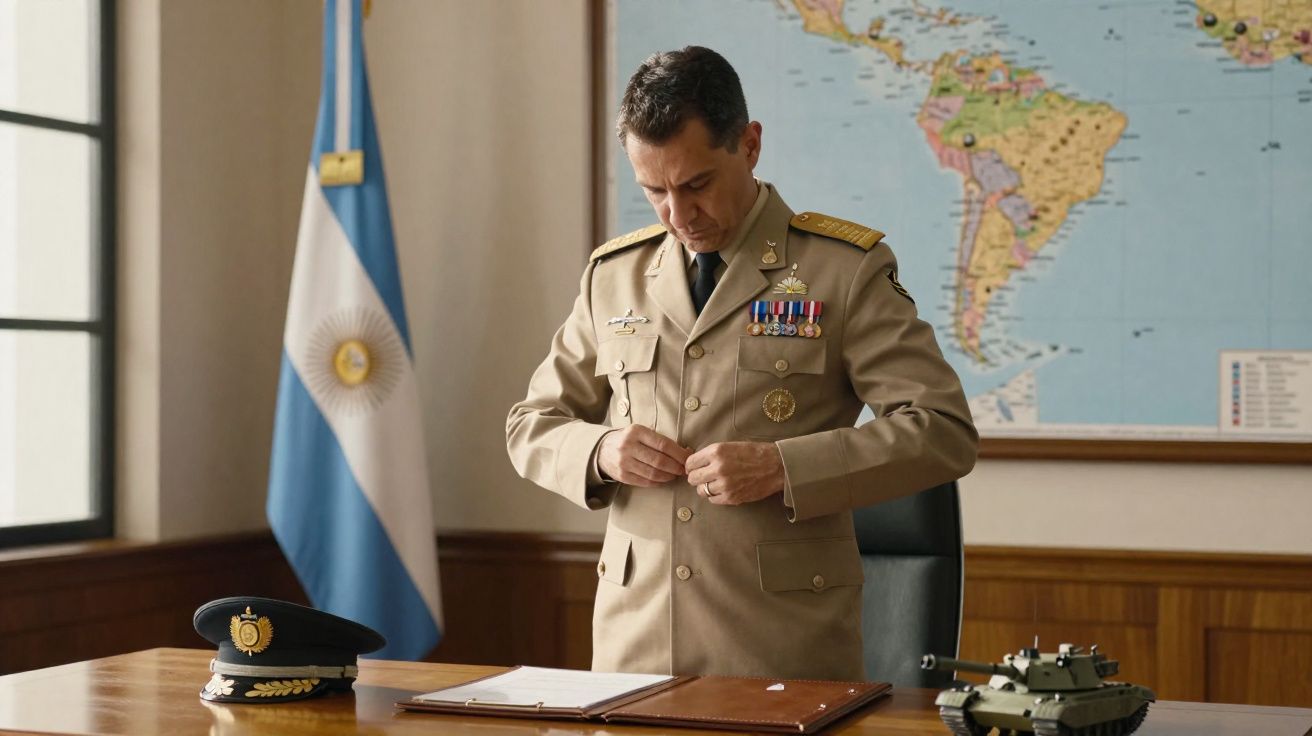 Militar argentino com uniforme bege a abotoar-se, junto a bandeira da Argentina e mapa da América do Sul.
