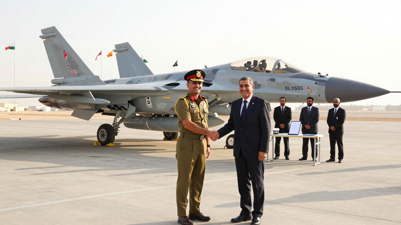 Dois homens a cumprimentarem-se com um caça militar cinzento ao fundo numa pista de aeroporto.