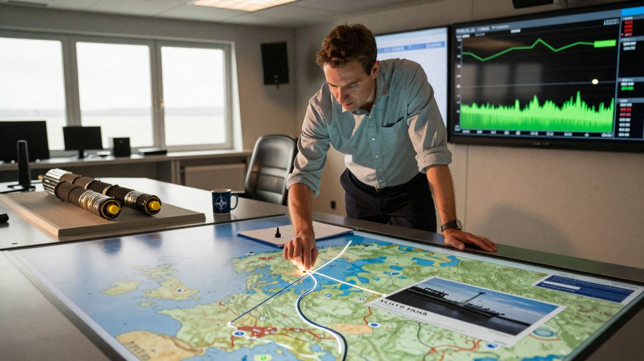 Homem a analisar mapa em mesa interativa com gráficos no ecrã atrás numa sala de controlo.