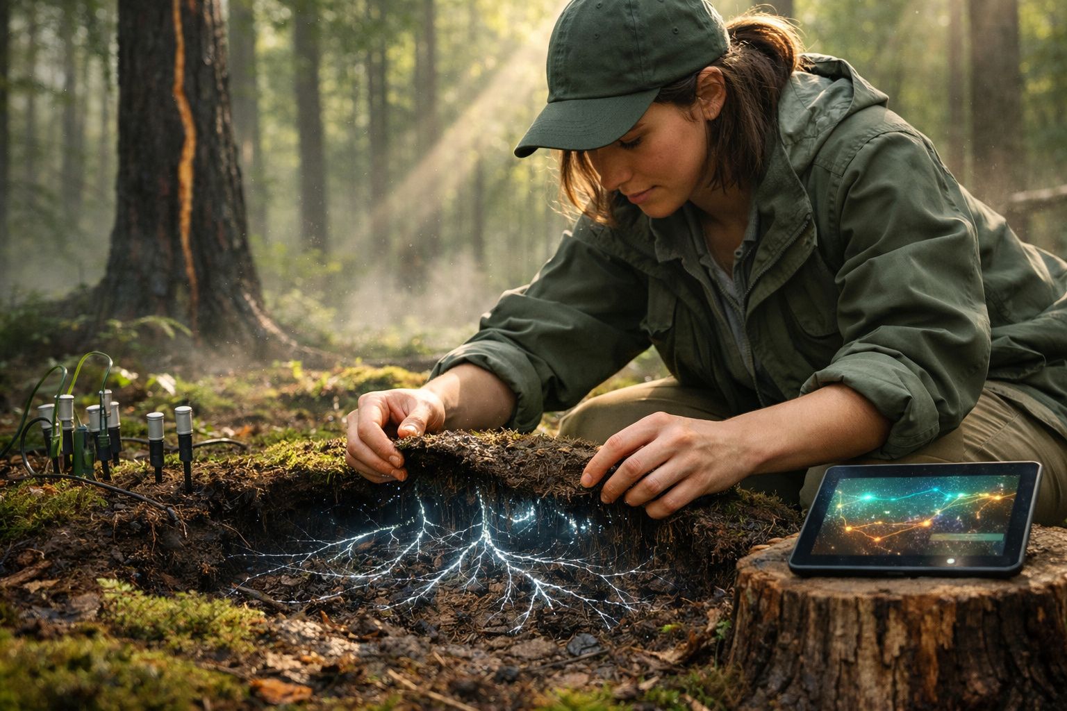 Mulher com roupa verde examina raízes brilhantes no solo numa floresta, com tablet e sensores ao lado.