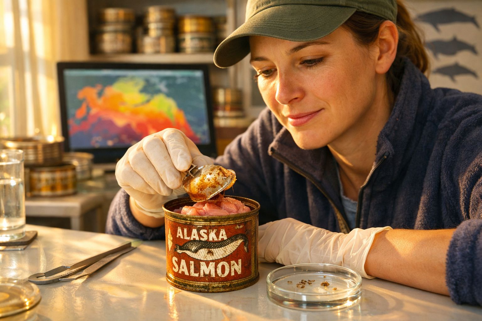 Pessoa a examinar amostra de salmão enlatado da Alasca, usando luvas e ambiente de laboratório.