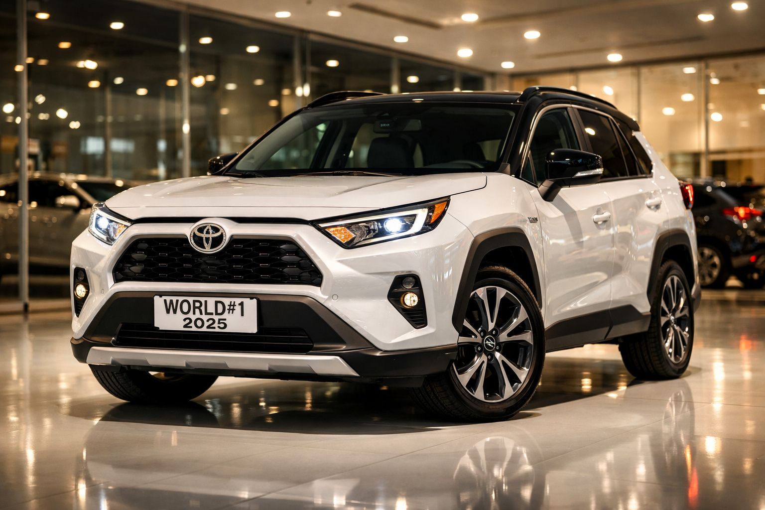 SUV Toyota branco estacionado em showroom moderno com luzes acesas e matrícula personalizada “WORLD#1 2025”.