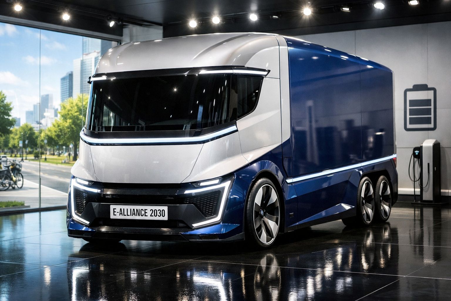 Camião elétrico futurista azul e prateado estacionado em ambiente interno moderno.